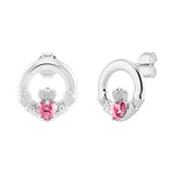 Sterling Silver October Birthstone Claddagh Earrings with Pink Tourmaine Cubic Zirconia Heart Details
