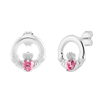 Sterling Silver October Birthstone Claddagh Earrings with Pink Tourmaine Cubic Zirconia Heart Details