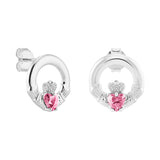 Sterling Silver October Birthstone Claddagh Earrings with Pink Tourmaine Cubic Zirconia Heart Details