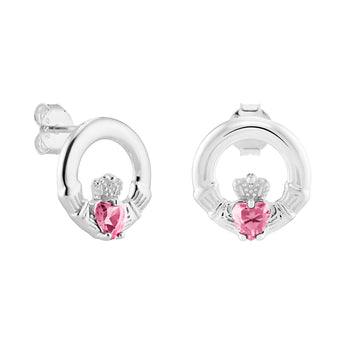 Sterling Silver October Birthstone Claddagh Earrings with Pink Tourmaine Cubic Zirconia Heart Details