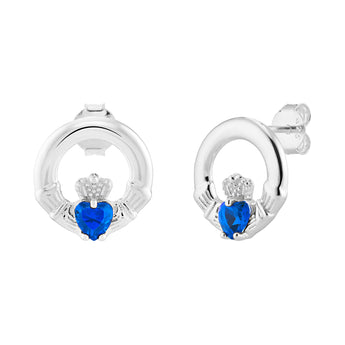 Sterling Silver September Birthstone Claddagh Earrings with Sapphire Blue Cubic Zirconia Heart Details