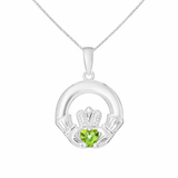 Sterling Silver Claddagh Pendant necklace with Peridot Green Cubic Zirconia Heart Detail