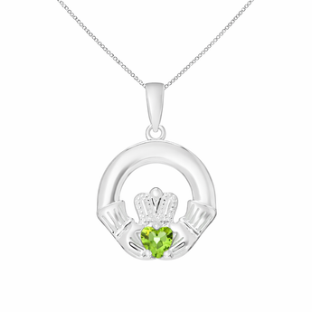 Sterling Silver Claddagh Pendant necklace with Peridot Green Cubic Zirconia Heart Detail