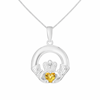 Sterling Silver November Birthstone Claddagh Pendant Necklace with Yellow Topaz Cubci Zirconia heart detail
