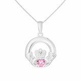 Sterling Silver October Birthstone Claddagh Pendant Necklace with Pink Tourmaline Cubic Zirconia Heart Detail