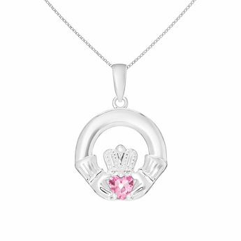 Sterling Silver October Birthstone Claddagh Pendant Necklace with Pink Tourmaline Cubic Zirconia Heart Detail