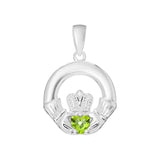 Sterling Silver Claddagh Pendant for silver necklaces with Peridot Green Cubic Zirconia Heart Detail
