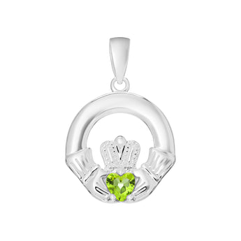 Sterling Silver Claddagh Pendant for silver necklaces with Peridot Green Cubic Zirconia Heart Detail