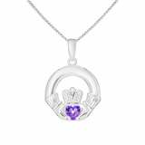 Silver Claddagh pendant with a purple heart gemstone on a white background