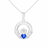 Sterling Silver September Birthstone Claddagh Pendant Necklace with Sapphire Cubic Zirconia Heart
