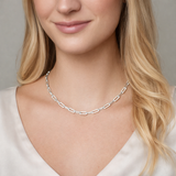 Urban Pizazz Model Wearing 925 Sterling Silver Cubic Zirconia Paperclip Chain Necklace