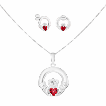 Sterling Silver July Birthstone Claddagh Jewellery Set Featuring Silver Pendant Necklace and matching Earrings