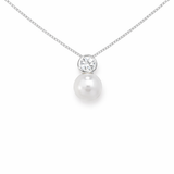 925 Sterling Silver Pearl Drop and Cubic Zirconia Pendant Necklace on Fine Silver Curb Chain