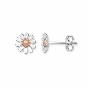 925 Sterling Silver Daisy Shaped Stud Earrings with Rose Gold Plated Centres
