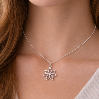 Urban Pizazz Model Wearing 925 Sterling Silver Flower Pendant Necklace with Open Petal Design on a Fine Sterling Silver Curb Chain