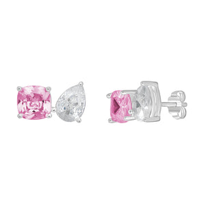 925 Sterling Silver Stud Earrings in an Toi et Moi Design, featuring Pink and Clear Cubic Zirconia Stones