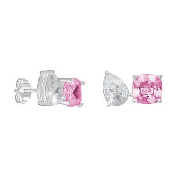 925 Sterling Silver Stud Earrings in an Toi et Moi Design, featuring Pink and Clear Cubic Zirconia Stones