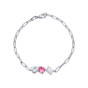 925 Sterling Silver Unity Toi et Moi Paperclip Bracelet, Featuring Pink and Clear Cubic Zirconia Stones