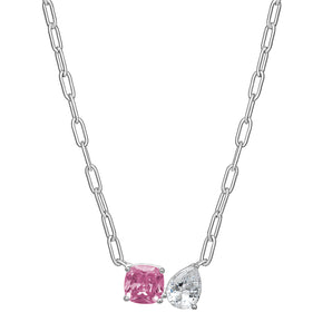 925 Sterling Silver Unity Toi et Moi Paperclip Necklace, Featuring Pink Tourmaline and Clear Cubic Zirconia Stones