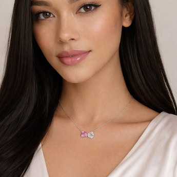 Urban Pizazz Model Wearing 925 Sterling Silver Unity Toi Et Moi Paperclip Chain Necklace, Featuring Cubic Zirconia stones in Pink and Clear