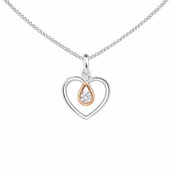 925 Sterling Silver and Rose Gold Two-Tone Love Heart Pendant Necklace with Cubic Zirconia Detail on Silver Curb Chain