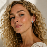 Urban Pizazz Model Wearing Blue Enamel CZ Flower Sterling Silver Earrings