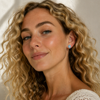 Urban Pizazz Model Wearing Blue Enamel CZ Flower Sterling Silver Earrings