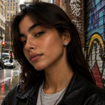 Urban Pizazz Model Wearing Sterling Silver Open Flower CZ Stud Earrings