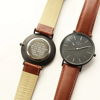Men's Minimalist Watch - Walnut Strap & Modern Font Engraving www.urbanpizazz.co.uk