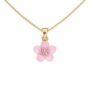 18ct Gold Blossom Pink Pendant Necklace With CZ Details on a fine gold curb chain