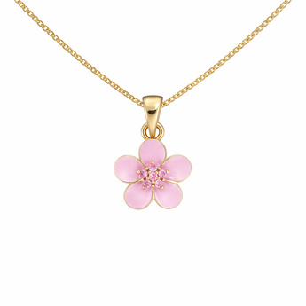 18ct Gold Blossom Pink Pendant Necklace With CZ Details on a fine gold curb chain