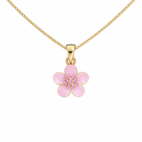 18ct Gold Blossom Pink Pendant Necklace With CZ Details on a fine gold curb chain