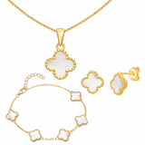 18ct Gold Plated Mother Of Pearl Clover Jewellery Set, Featuring Pendant Necklace, Stud Earrings and Matching Bracelets