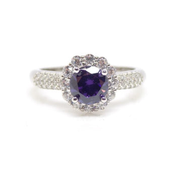 925 Sterling Silver Amethyst Cubic Zirconia Halo Ring