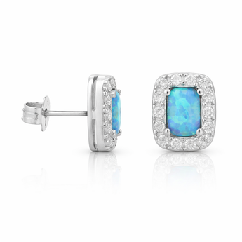 925 Sterling Silver Blue Opal Halo Stud Earrings