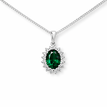 925 Sterling Silver Emerald CZ Flower Cluster Pendant Necklace On Sterling Silver Curb Chain