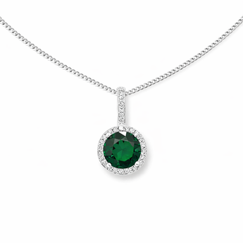 925 Sterling Silver Emerald CZ Halo Drop Pendant Necklace