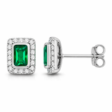 925 Sterling Silver Emerald CZ Rectangle Halo Stud Earrings