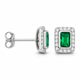 925 Sterling Silver Emerald CZ Rectangle Halo Stud Earrings