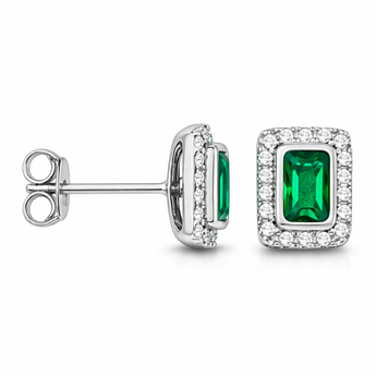 925 Sterling Silver Emerald CZ Rectangle Halo Stud Earrings