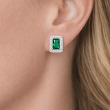 Urbna Pizazz Model Wearing 925 Sterling Silver Emerald CZ Rectangle Halo Stud Earrings