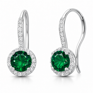 925 Sterling Silver Emerald CZ Halo Drop Earrings