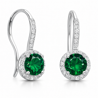 925 Sterling Silver Emerald CZ Halo Drop Earrings