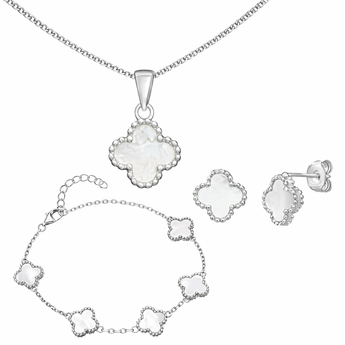 925 Sterling Silver and Mother Of Pearl Clover Jewellery Set. Featuring Silver Pendant Necklace, Stud Earrings and Maching Bracelet In A Classic Clover Jewellery Design