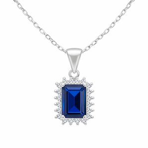 925 Sterling Silver Oblong Halo Sapphire CZ Pendant Necklace
