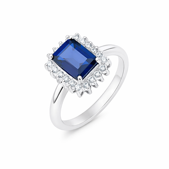 925 Sterling Silver Oblong Halo Sapphire CZ Ring