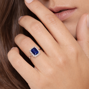 925 Sterling Silver Oblong Halo Sapphire CZ Ring