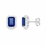 925 Sterling Silver Oblong Halo Sapphire CZ Stud Earrings