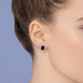 Urban Pizazz Model Wearing 925 Sterling Silver Oblong Halo Sapphire CZ Stud Earrings