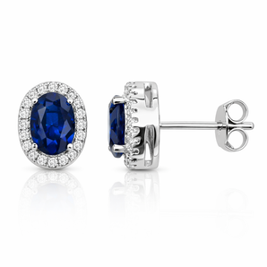 925 Sterling Silver Oval Halo Sapphire CZ Stud Earrings